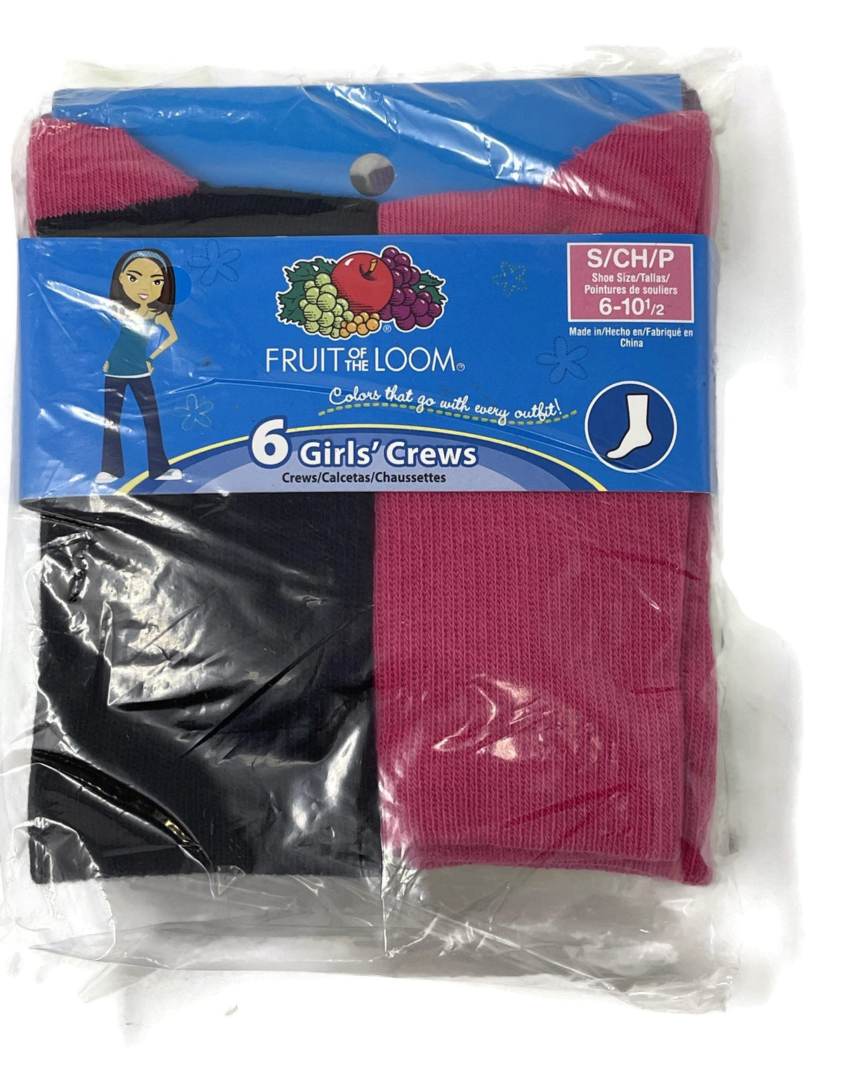 Fruit Of The Loom Girls 6 Pack Crew Socks