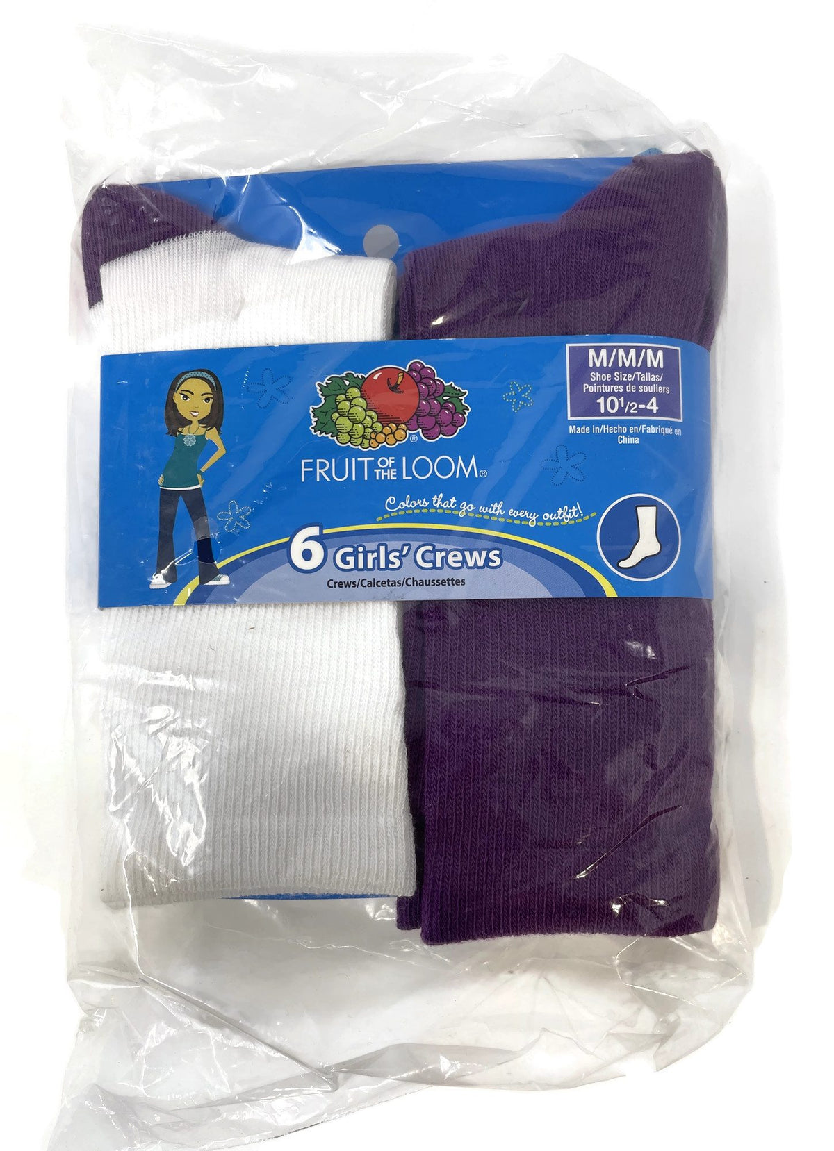 Fruit Of The Loom Girls 6 Pack Crew Socks