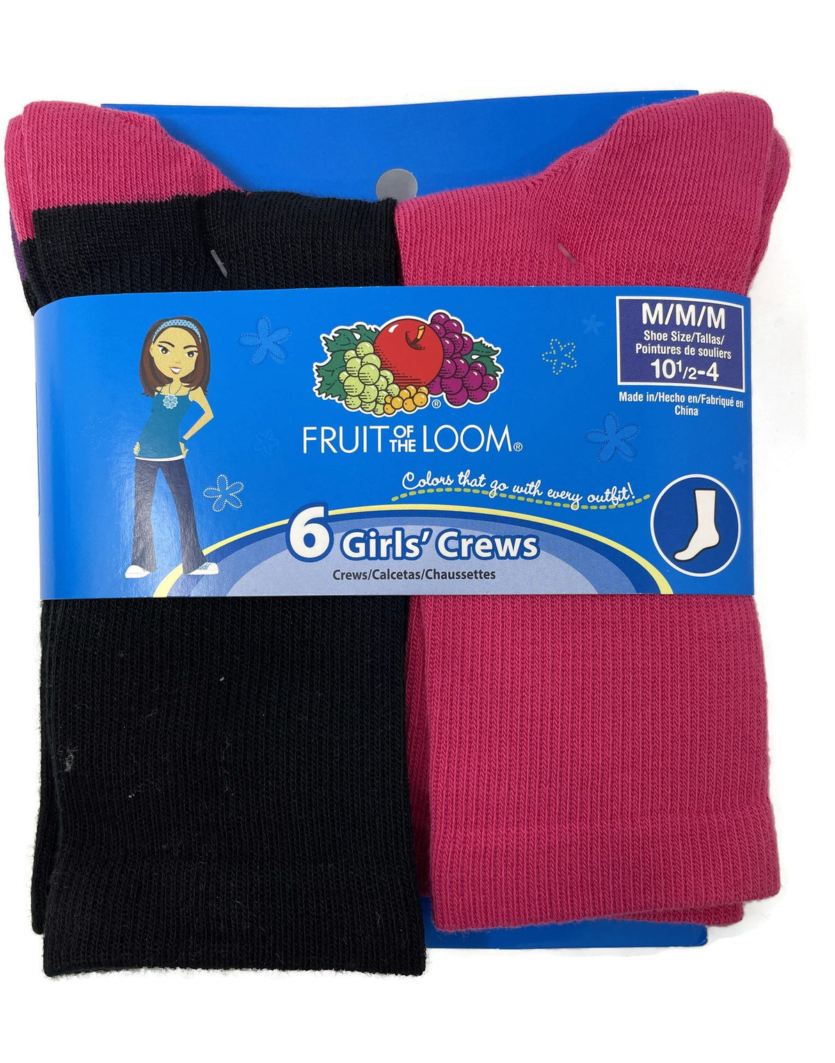 Fruit Of The Loom Girls 6 Pack Crew Socks