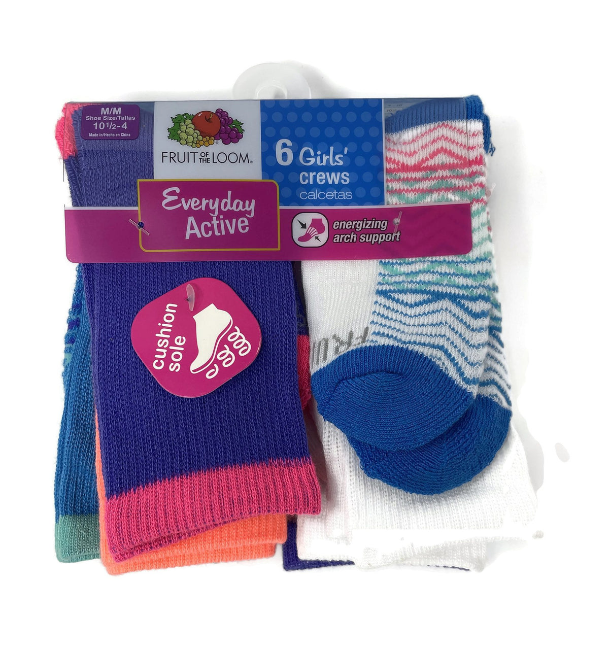 Fruit Of The Loom Girls 6 Pack Everyday Active Crew Socks