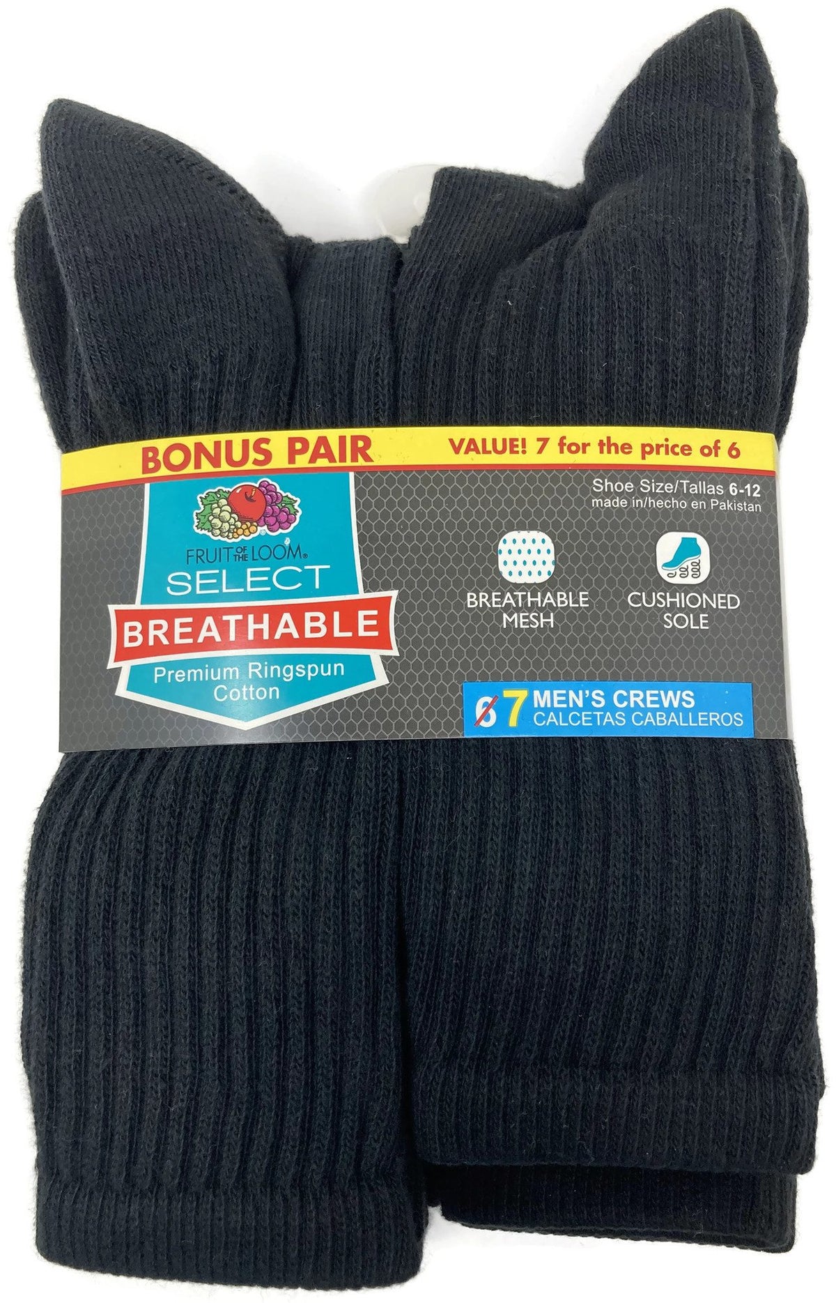 Fruit Of The Loom Mens 7 Pack Breathable Crew Socks