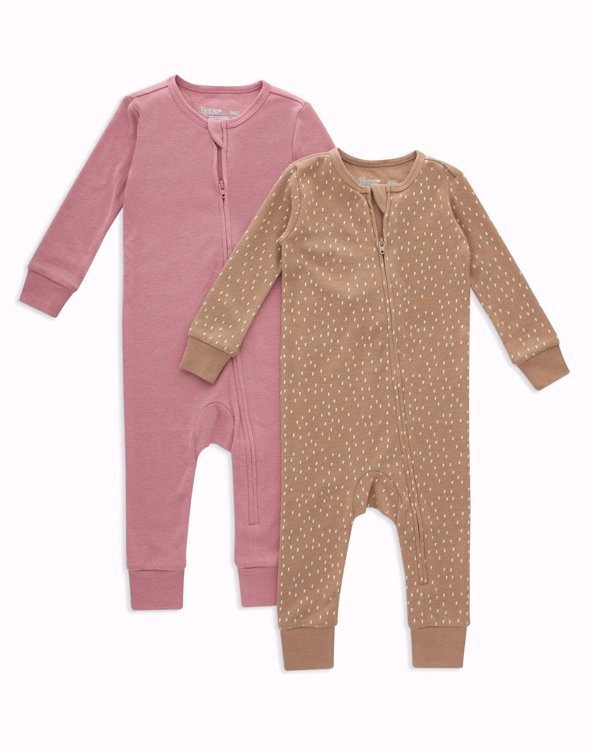 Hanes Zippin Baby Knit Long Sleeve Footless Zip Sleep N’ Play, Snug-Fit, 4-Way Stretch, Boys &amp; Girls, 2-Pack