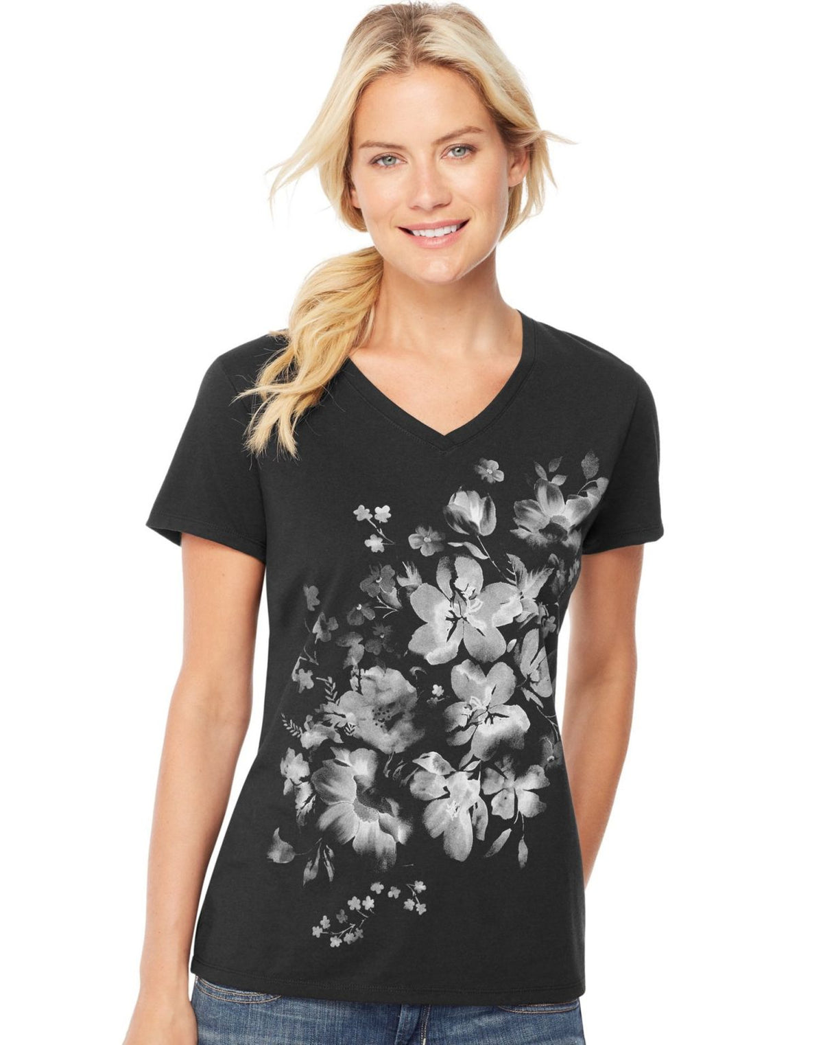 Hanes Womens Butterfly Collection Short-Sleeve V-Neck Graphic Tee