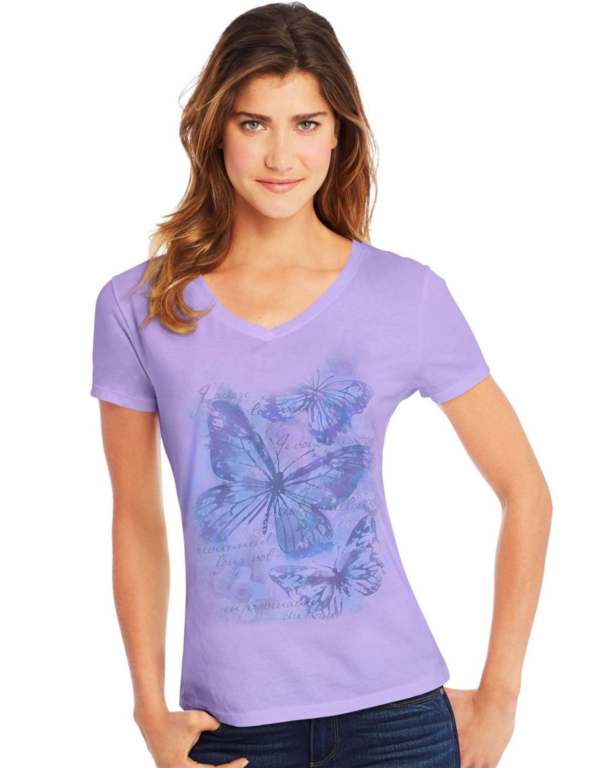 Hanes Womens Butterfly Collection Short-Sleeve V-Neck Graphic Tee