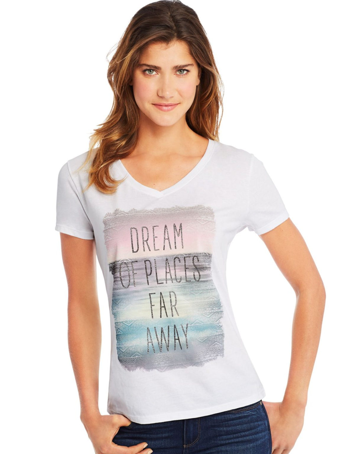 Hanes Womens Butterfly Collection Short-Sleeve V-Neck Graphic Tee
