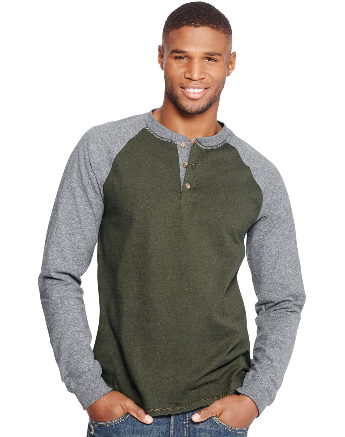 Hanes Mens Beefy-T Long-Sleeve Colorblock Henley