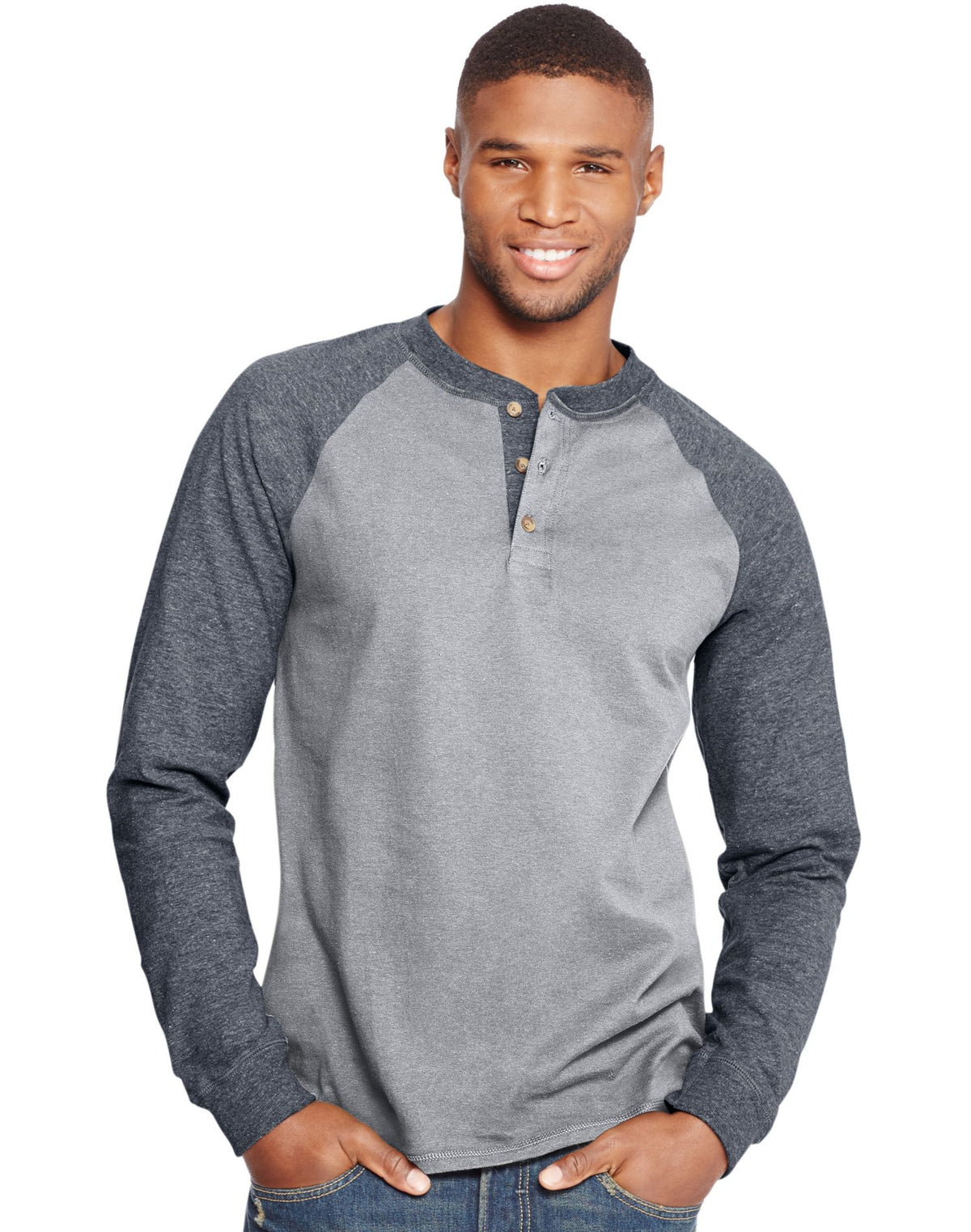 Hanes Mens Beefy-T Long-Sleeve Colorblock Henley