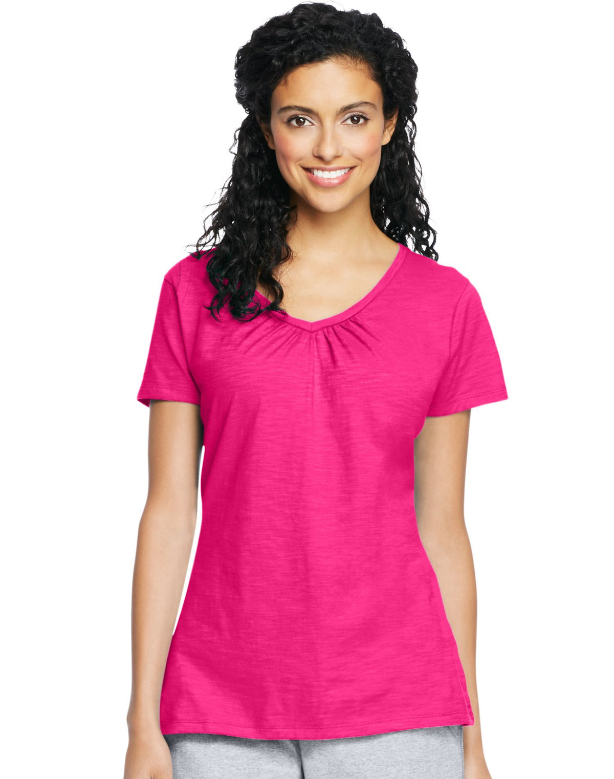 Hanes Womens Slub Jersey Shirred V-Neck Tee