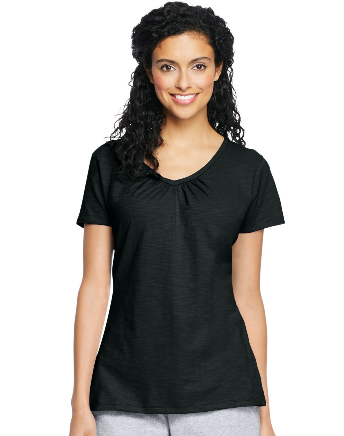 Hanes Womens Slub Jersey Shirred V-Neck Tee