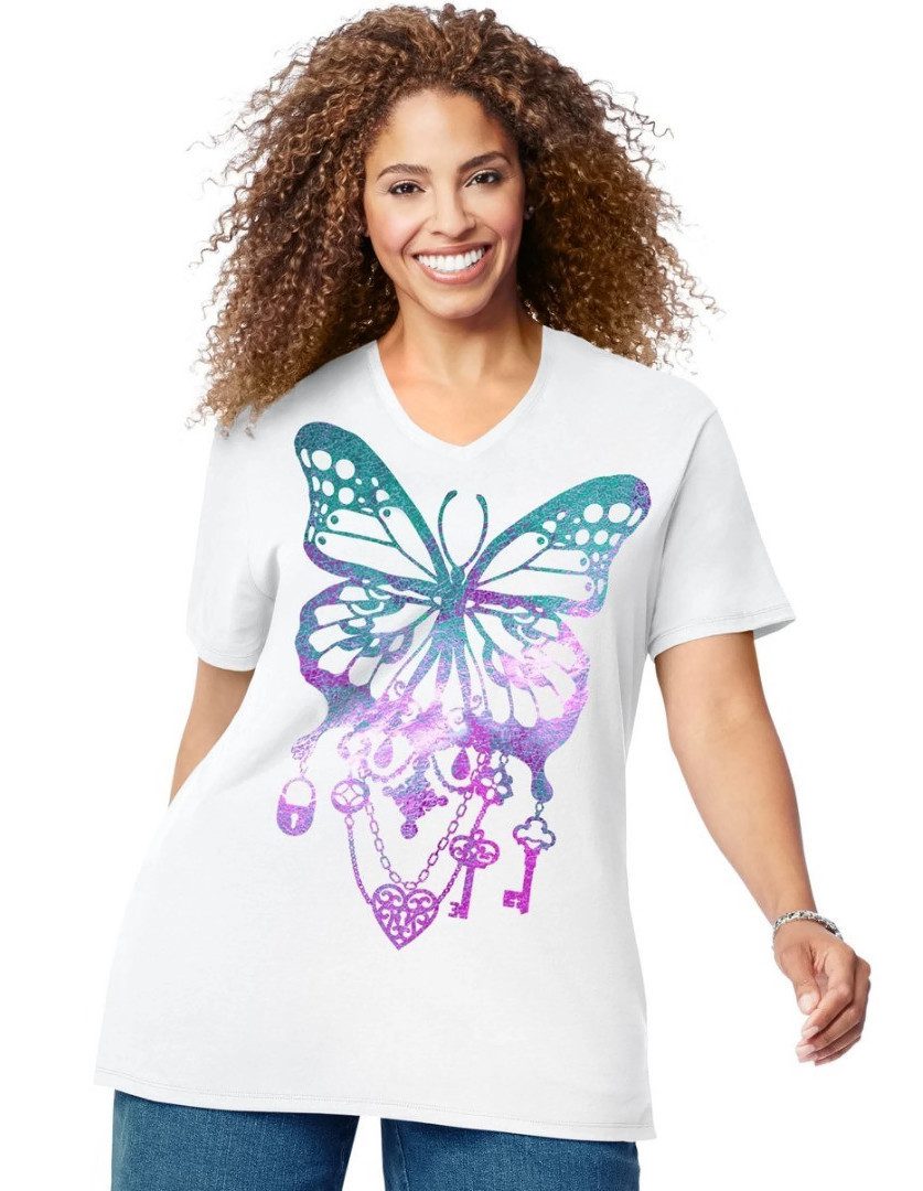 JMS Womens Big Butterfly Impression Short Sleeve Graphic T-Shirt