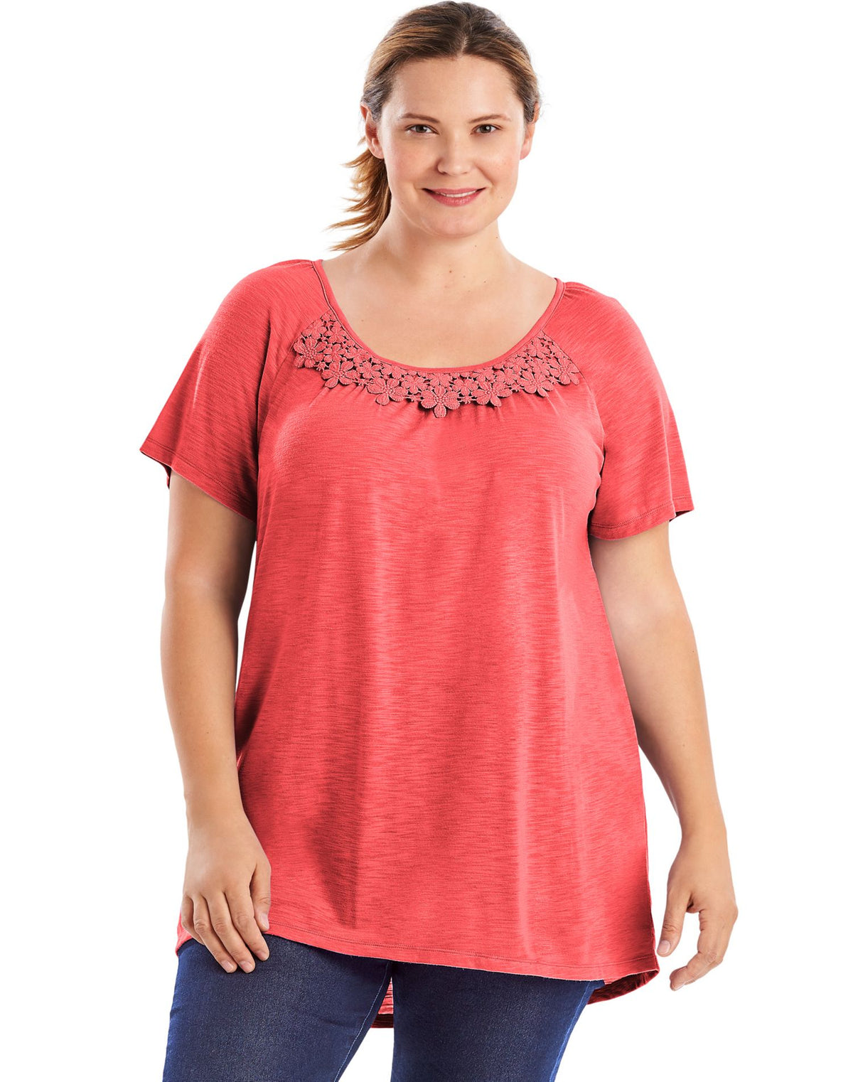 JMS Womens Short-Sleeve Slub-Jersey Tunic With Crochet Trim