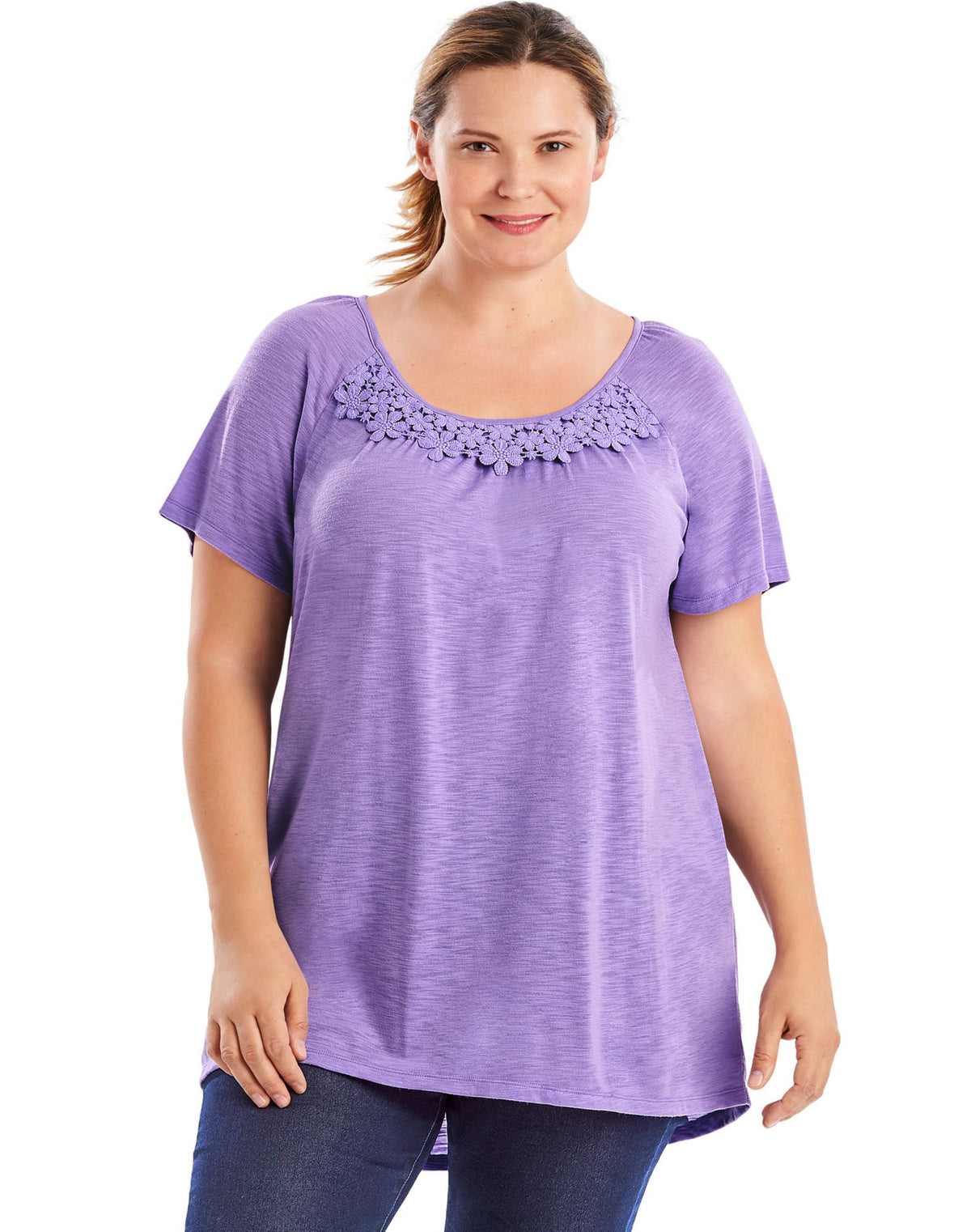 JMS Womens Short-Sleeve Slub-Jersey Tunic With Crochet Trim