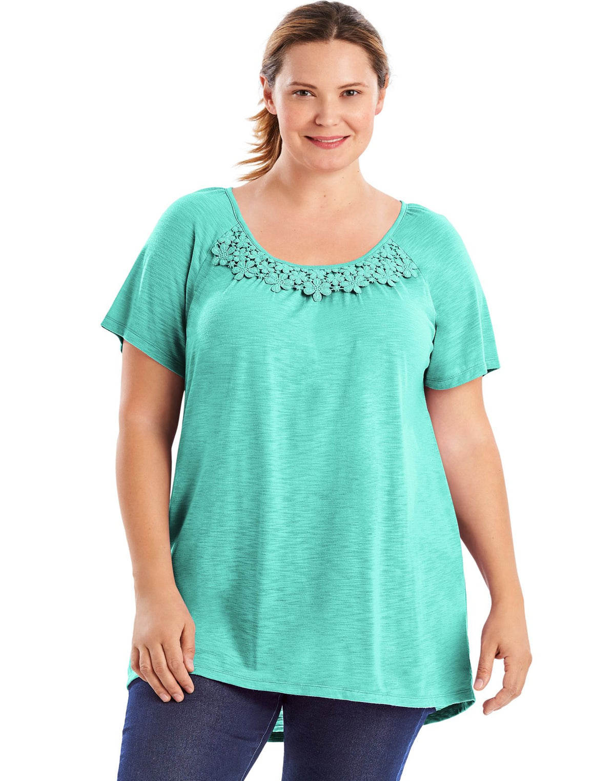 JMS Womens Short-Sleeve Slub-Jersey Tunic With Crochet Trim