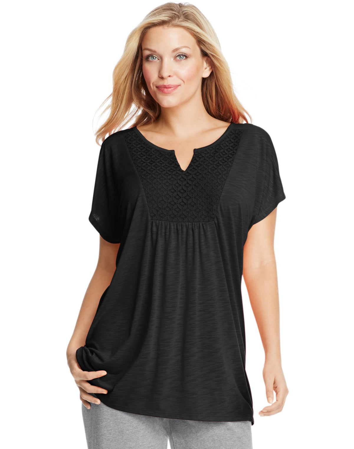 JMS Womens Short-Sleeve Slub-Jersey Tunic Crochet Bib Yoke