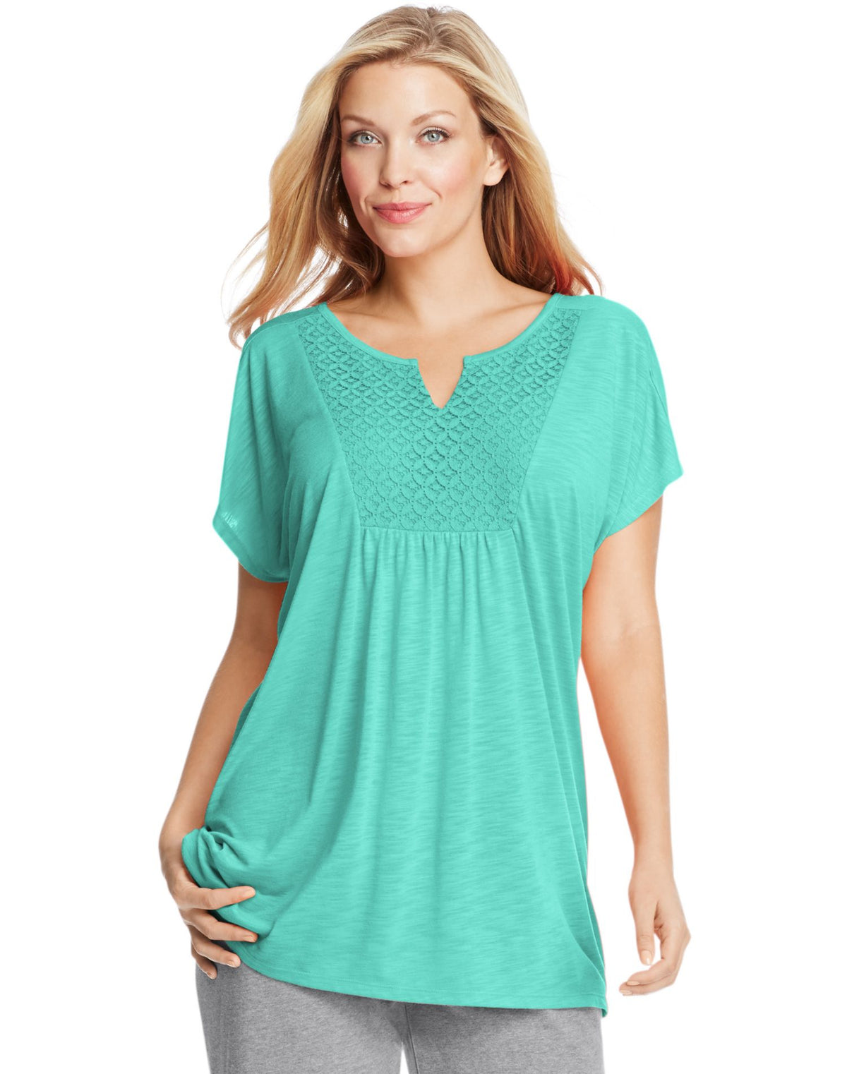 JMS Womens Short-Sleeve Slub-Jersey Tunic Crochet Bib Yoke