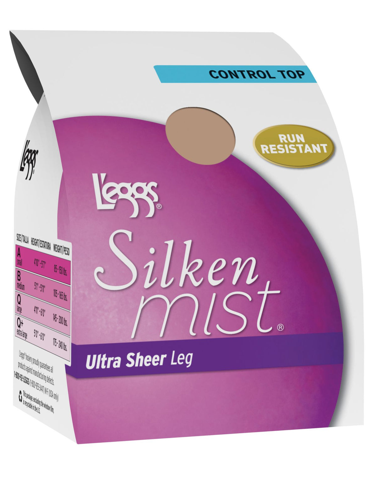 Leggs Womens Silken Mist Ultra Sheer With Run Resist Technology, Control Top Sheer Toe Pantyhose, 1-Pack